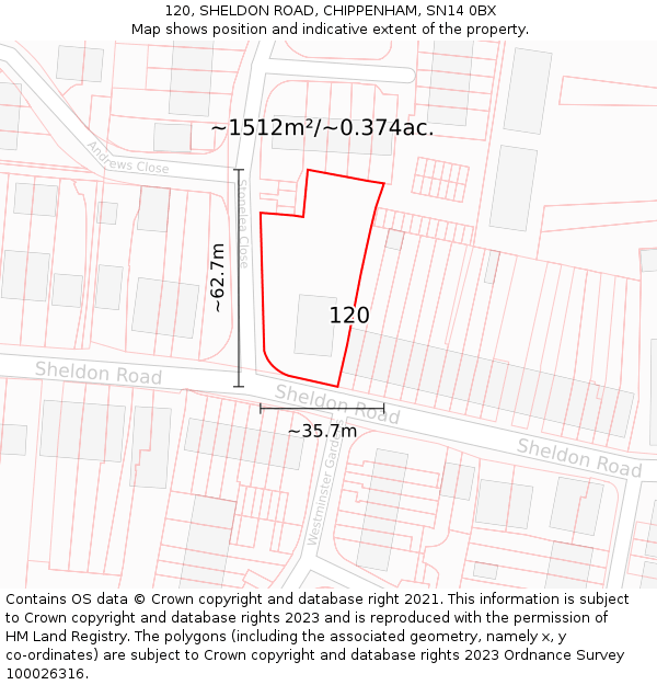 120, SHELDON ROAD, CHIPPENHAM, SN14 0BX: Plot and title map