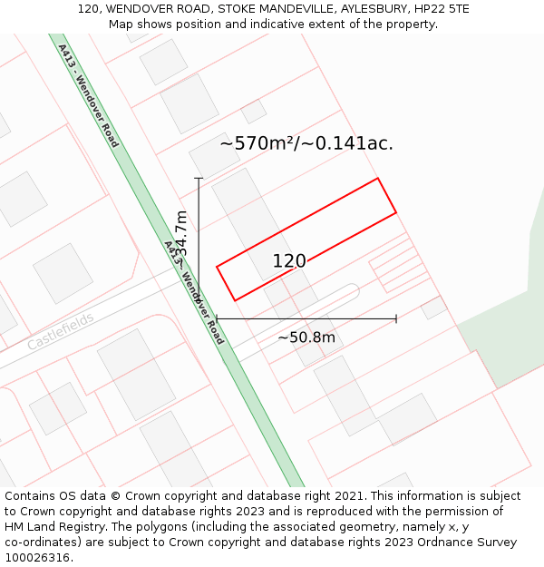 120, WENDOVER ROAD, STOKE MANDEVILLE, AYLESBURY, HP22 5TE: Plot and title map