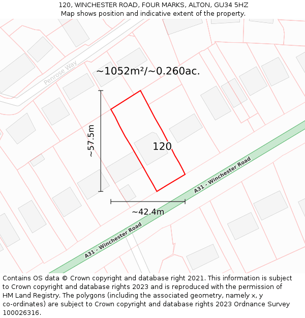 120, WINCHESTER ROAD, FOUR MARKS, ALTON, GU34 5HZ: Plot and title map