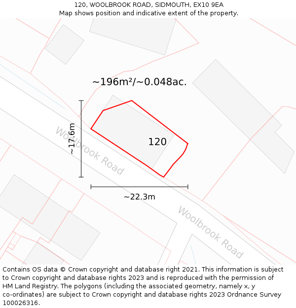 120, WOOLBROOK ROAD, SIDMOUTH, EX10 9EA: Plot and title map
