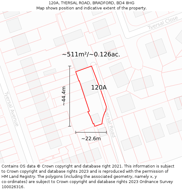 120A, TYERSAL ROAD, BRADFORD, BD4 8HG: Plot and title map