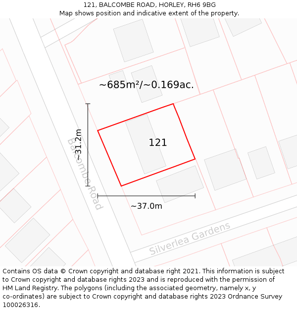 121, BALCOMBE ROAD, HORLEY, RH6 9BG: Plot and title map