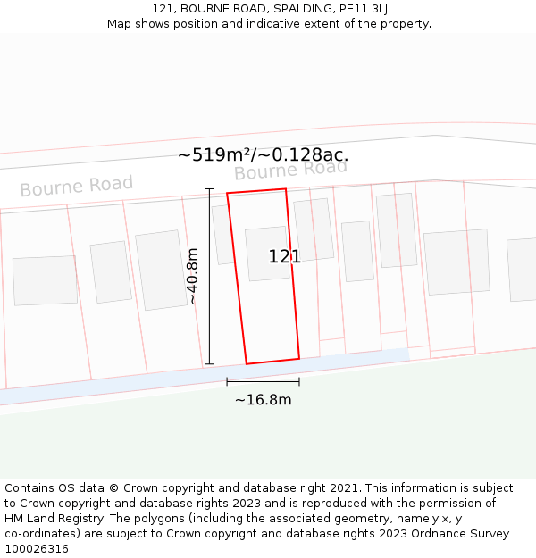 121, BOURNE ROAD, SPALDING, PE11 3LJ: Plot and title map