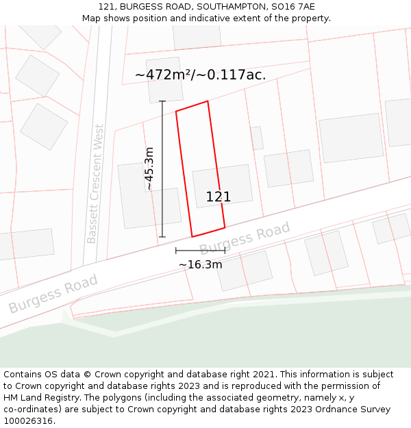 121, BURGESS ROAD, SOUTHAMPTON, SO16 7AE: Plot and title map