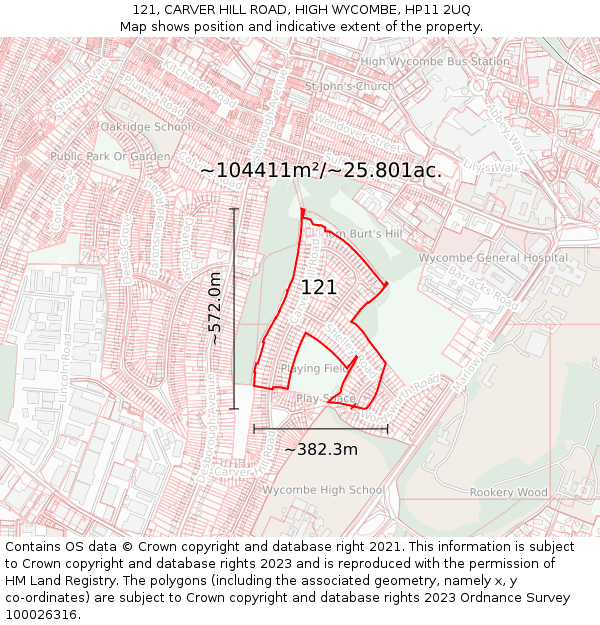 121, CARVER HILL ROAD, HIGH WYCOMBE, HP11 2UQ: Plot and title map