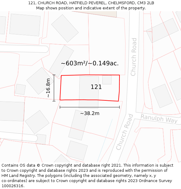 121, CHURCH ROAD, HATFIELD PEVEREL, CHELMSFORD, CM3 2LB: Plot and title map