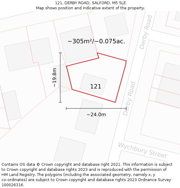 121, DERBY ROAD, SALFORD, M5 5LE: Plot and title map