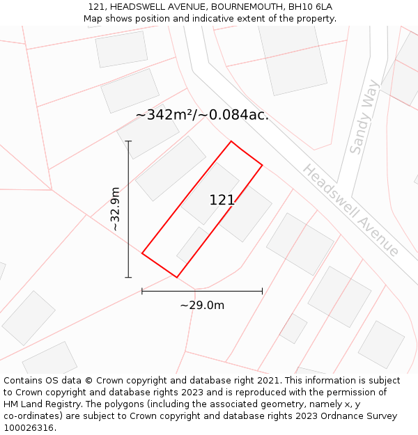 121, HEADSWELL AVENUE, BOURNEMOUTH, BH10 6LA: Plot and title map