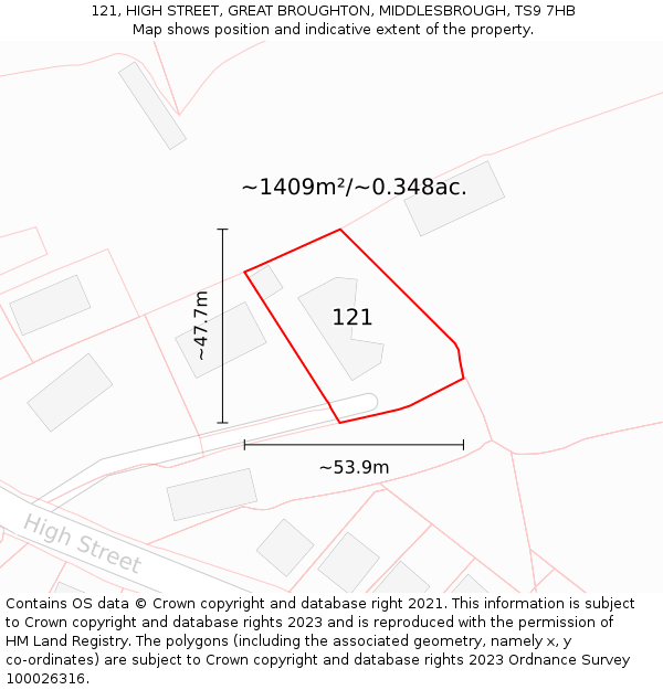 121, HIGH STREET, GREAT BROUGHTON, MIDDLESBROUGH, TS9 7HB: Plot and title map