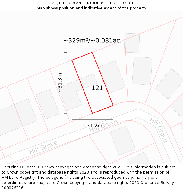 121, HILL GROVE, HUDDERSFIELD, HD3 3TL: Plot and title map