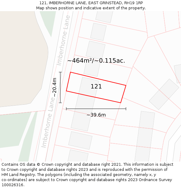 121, IMBERHORNE LANE, EAST GRINSTEAD, RH19 1RP: Plot and title map