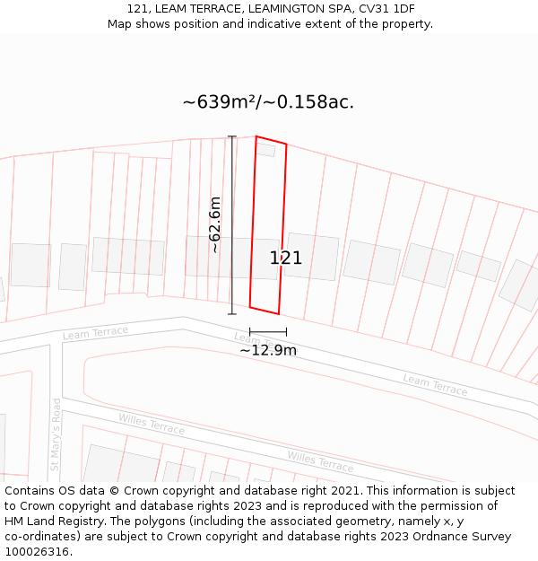 121, LEAM TERRACE, LEAMINGTON SPA, CV31 1DF: Plot and title map