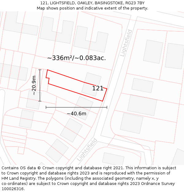 121, LIGHTSFIELD, OAKLEY, BASINGSTOKE, RG23 7BY: Plot and title map