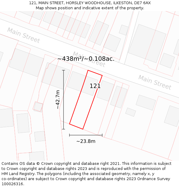 121, MAIN STREET, HORSLEY WOODHOUSE, ILKESTON, DE7 6AX: Plot and title map
