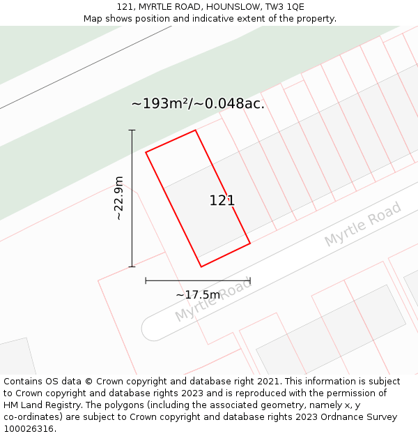 121, MYRTLE ROAD, HOUNSLOW, TW3 1QE: Plot and title map