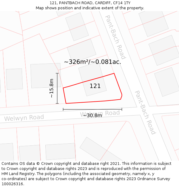 121, PANTBACH ROAD, CARDIFF, CF14 1TY: Plot and title map