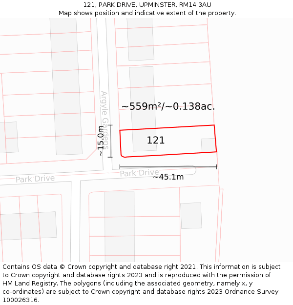 121, PARK DRIVE, UPMINSTER, RM14 3AU: Plot and title map