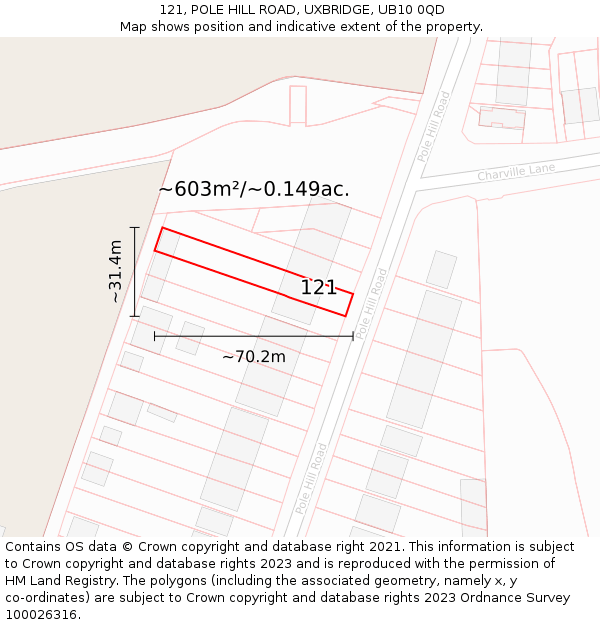 121, POLE HILL ROAD, UXBRIDGE, UB10 0QD: Plot and title map
