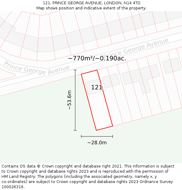 121, PRINCE GEORGE AVENUE, LONDON, N14 4TD: Plot and title map