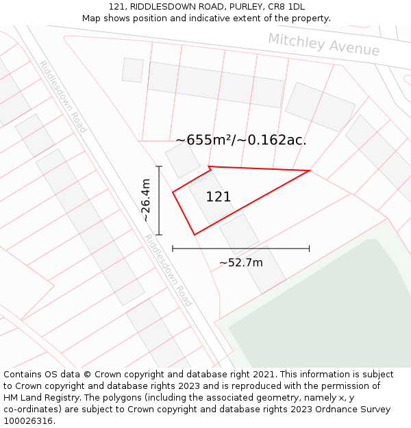121, RIDDLESDOWN ROAD, PURLEY, CR8 1DL: Plot and title map