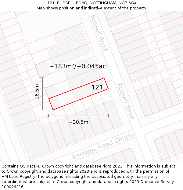 121, RUSSELL ROAD, NOTTINGHAM, NG7 6GX: Plot and title map