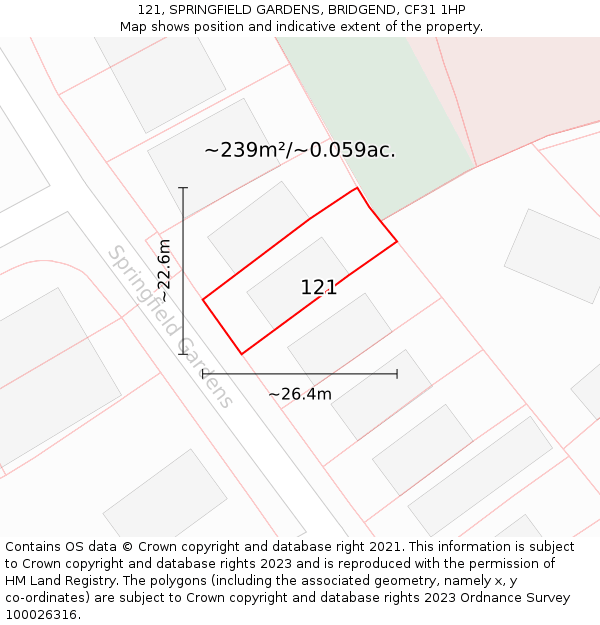 121, SPRINGFIELD GARDENS, BRIDGEND, CF31 1HP: Plot and title map