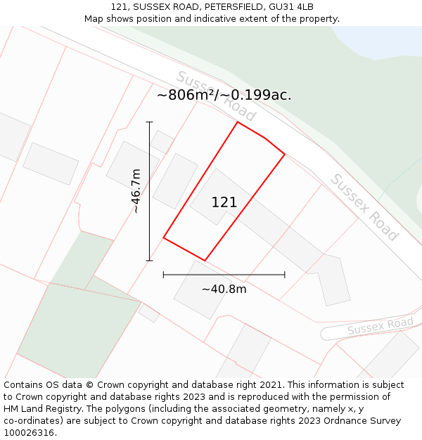 121, SUSSEX ROAD, PETERSFIELD, GU31 4LB: Plot and title map
