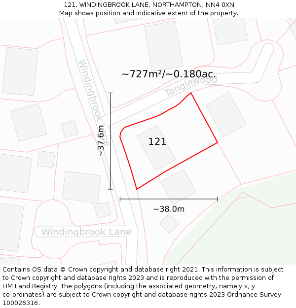 121, WINDINGBROOK LANE, NORTHAMPTON, NN4 0XN: Plot and title map