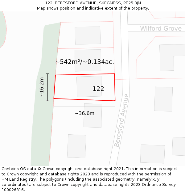 122, BERESFORD AVENUE, SKEGNESS, PE25 3JN: Plot and title map