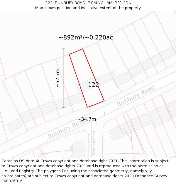 122, BUNBURY ROAD, BIRMINGHAM, B31 2DN: Plot and title map