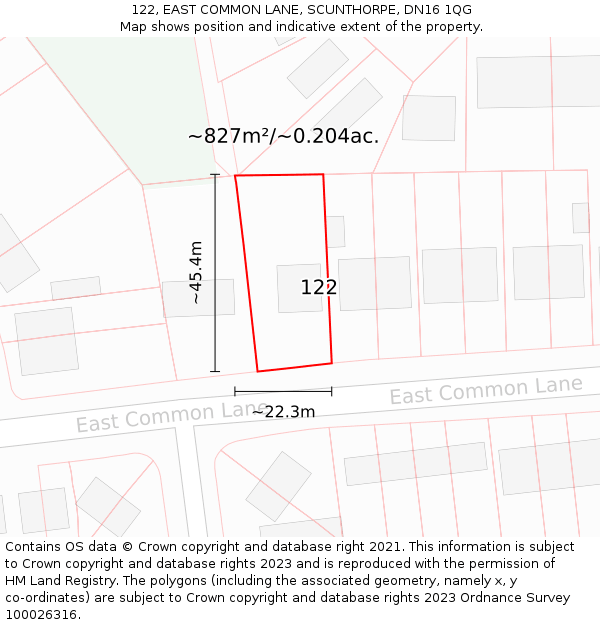 122, EAST COMMON LANE, SCUNTHORPE, DN16 1QG: Plot and title map