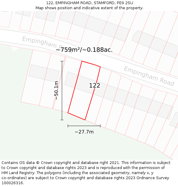 122, EMPINGHAM ROAD, STAMFORD, PE9 2SU: Plot and title map