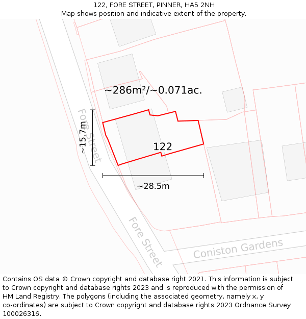 122, FORE STREET, PINNER, HA5 2NH: Plot and title map