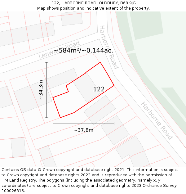 122, HARBORNE ROAD, OLDBURY, B68 9JG: Plot and title map