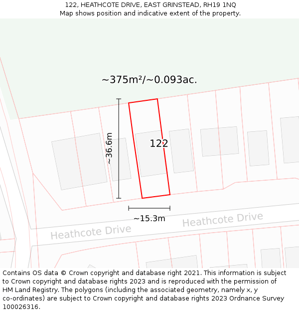 122, HEATHCOTE DRIVE, EAST GRINSTEAD, RH19 1NQ: Plot and title map