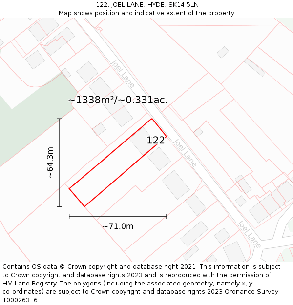 122, JOEL LANE, HYDE, SK14 5LN: Plot and title map