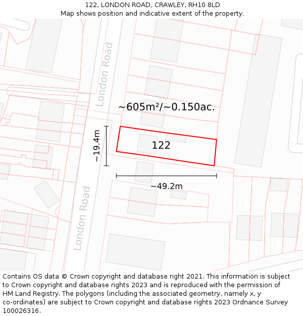122, LONDON ROAD, CRAWLEY, RH10 8LD: Plot and title map
