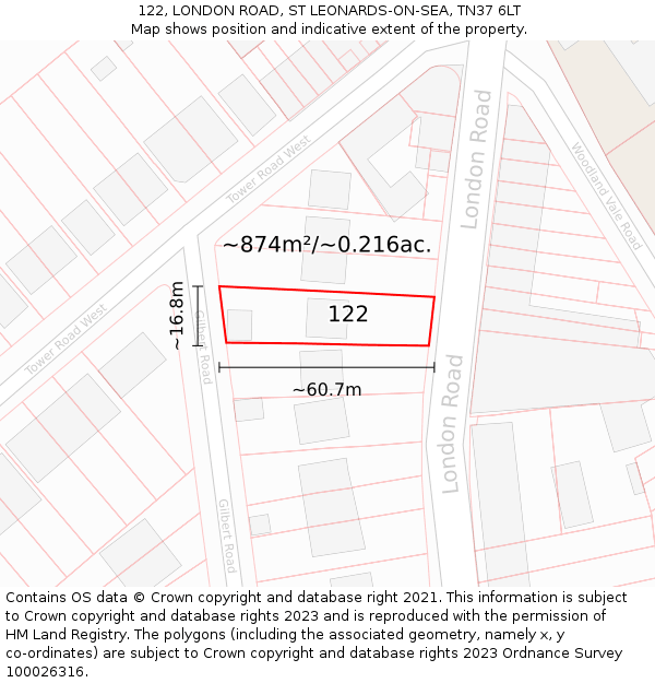 122, LONDON ROAD, ST LEONARDS-ON-SEA, TN37 6LT: Plot and title map