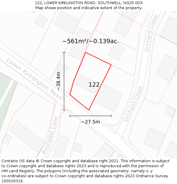 122, LOWER KIRKLINGTON ROAD, SOUTHWELL, NG25 0DX: Plot and title map