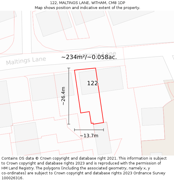 122, MALTINGS LANE, WITHAM, CM8 1DP: Plot and title map