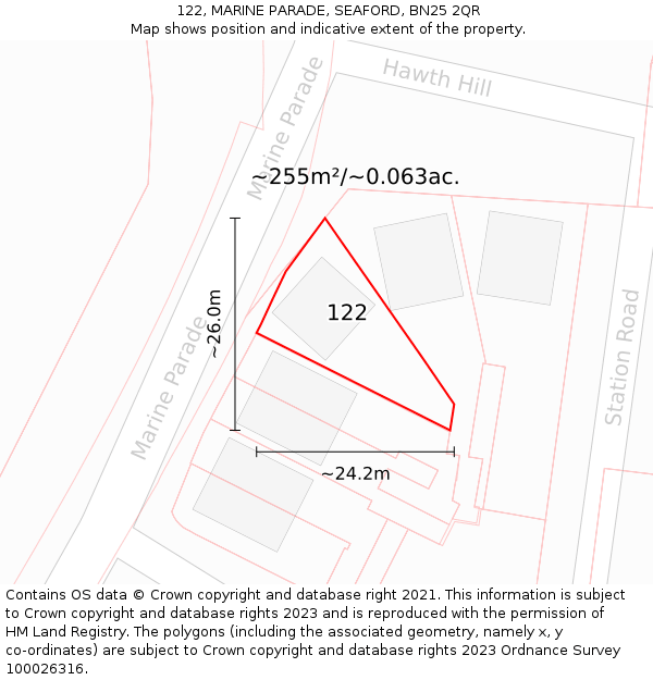 122, MARINE PARADE, SEAFORD, BN25 2QR: Plot and title map