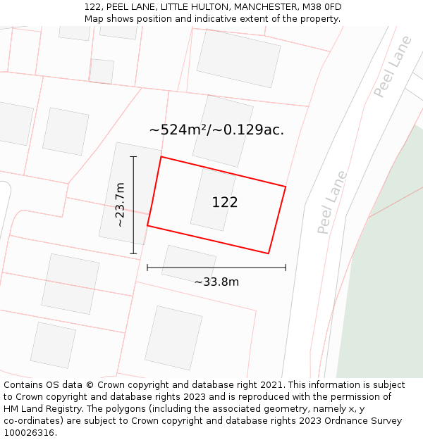 122, PEEL LANE, LITTLE HULTON, MANCHESTER, M38 0FD: Plot and title map