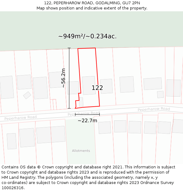 122, PEPERHAROW ROAD, GODALMING, GU7 2PN: Plot and title map