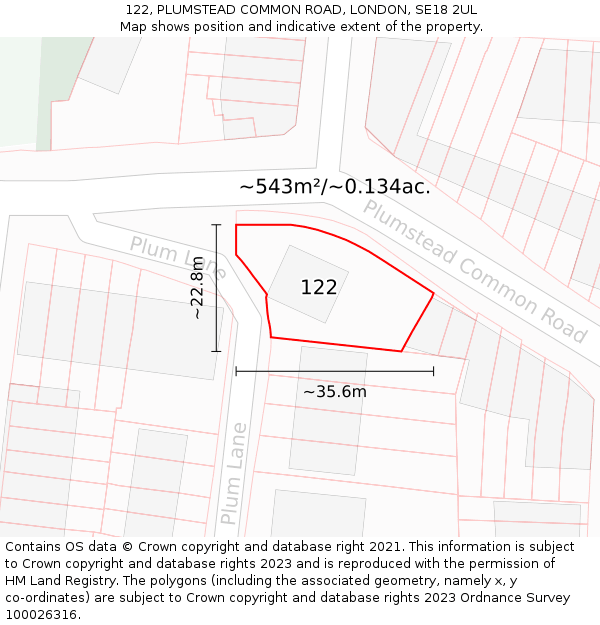 122, PLUMSTEAD COMMON ROAD, LONDON, SE18 2UL: Plot and title map