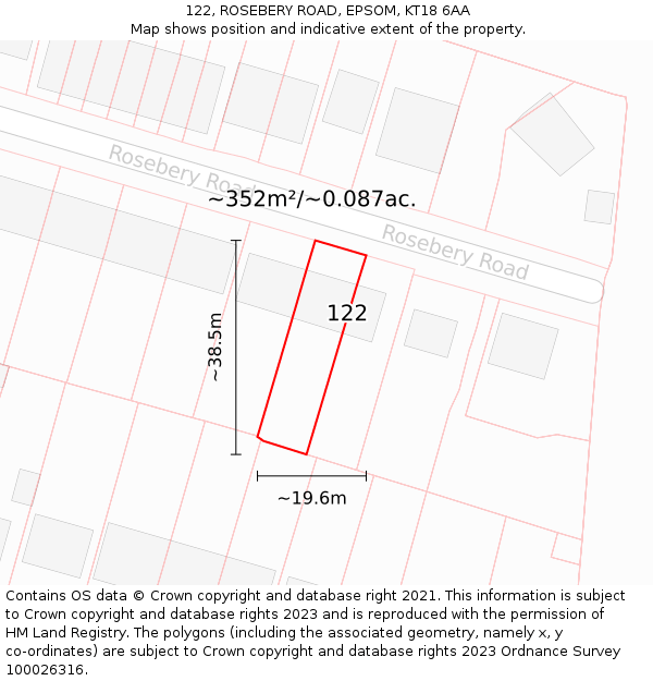 122, ROSEBERY ROAD, EPSOM, KT18 6AA: Plot and title map