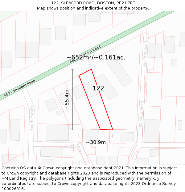 122, SLEAFORD ROAD, BOSTON, PE21 7PE: Plot and title map