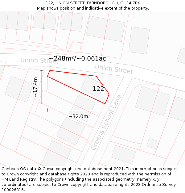 122, UNION STREET, FARNBOROUGH, GU14 7PX: Plot and title map