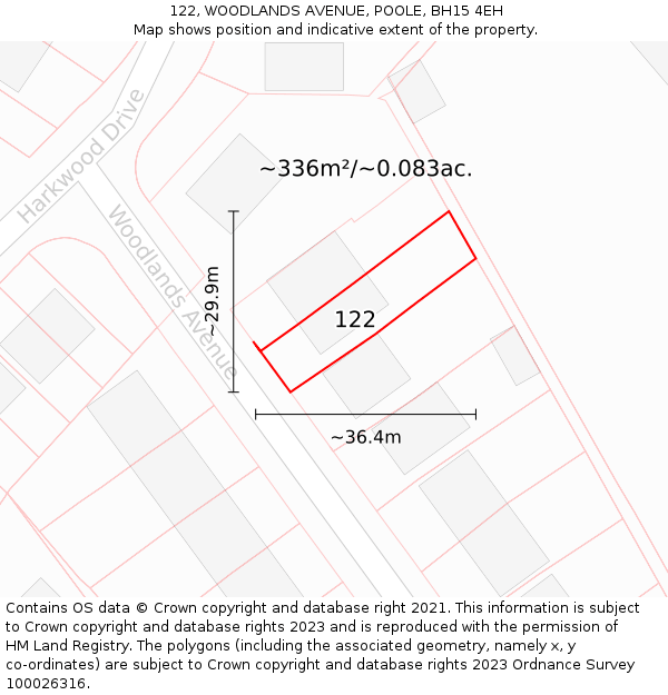 122, WOODLANDS AVENUE, POOLE, BH15 4EH: Plot and title map