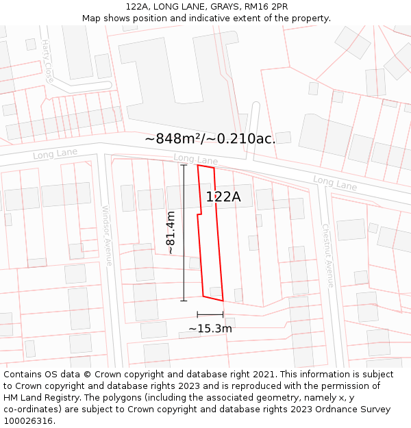122A, LONG LANE, GRAYS, RM16 2PR: Plot and title map