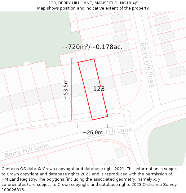 123, BERRY HILL LANE, MANSFIELD, NG18 4JS: Plot and title map